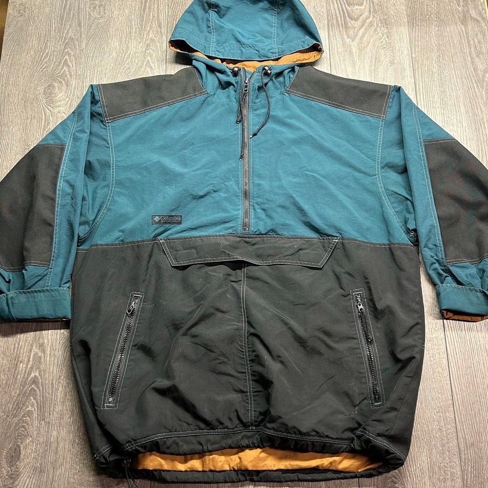 Vintage Columbia Sportswear XL Teal Black Colorblock Anorak Hooded Jacket Mens